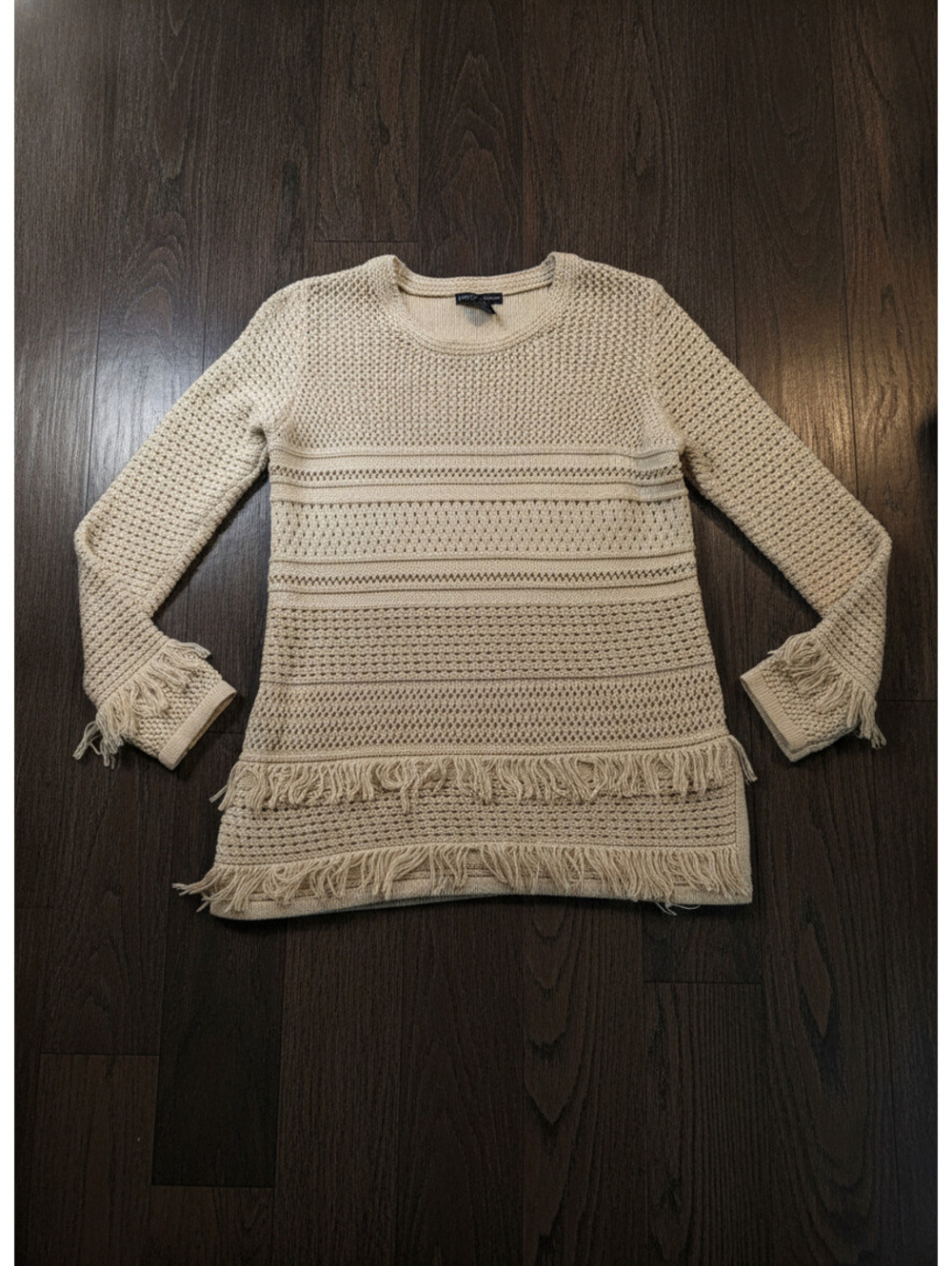 Chelsea & Theodore Women's Beige Cotton Knit Sweater with Fringe Detail Size S